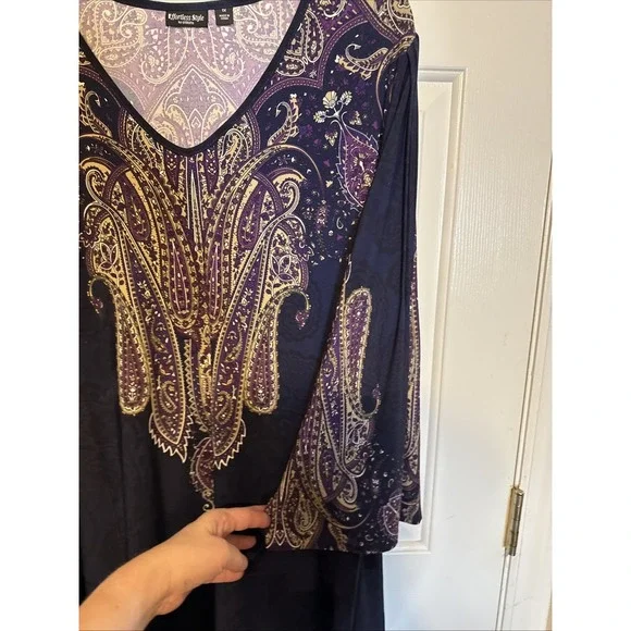 EFFORTLESS STYLE BY CITIKNITS QVC LONG SLEEVE V-NECK TUNIC PAISLEY NAVY 1X EUC - Picture 6 of 8